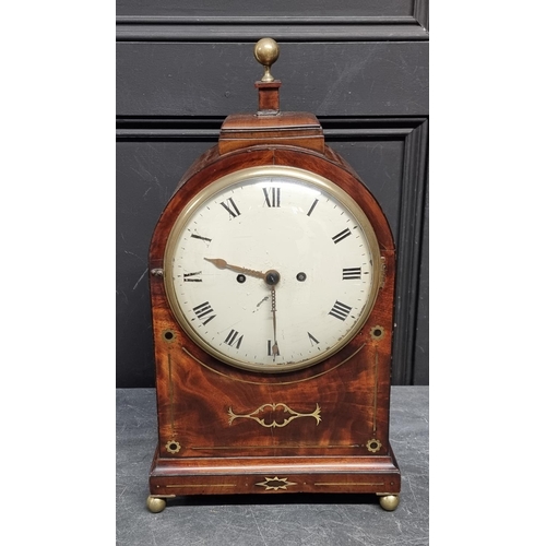 1085 - A Regency mahogany and brass inlaid twin fusee bracket clock, 49.5cm high, with pendulum.... 