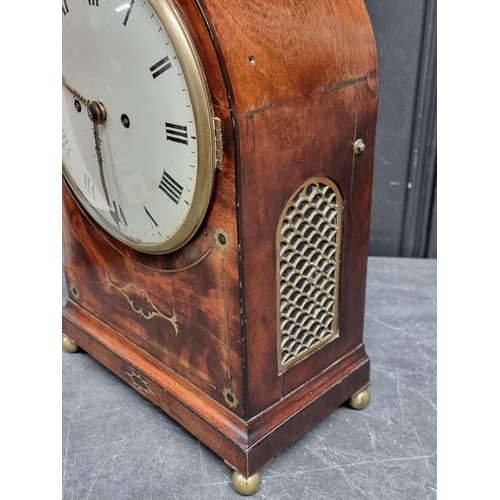 1085 - A Regency mahogany and brass inlaid twin fusee bracket clock, 49.5cm high, with pendulum.... 