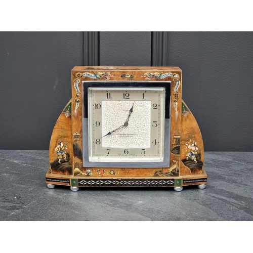 1086 - A 1930s chinoiserie mantel timepiece, 23.5cm wide.