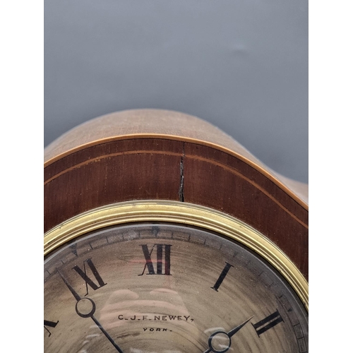 1092 - An Edwardian mahogany and inlaid balloon mantel clock, 34.5cm high, with pendulum.