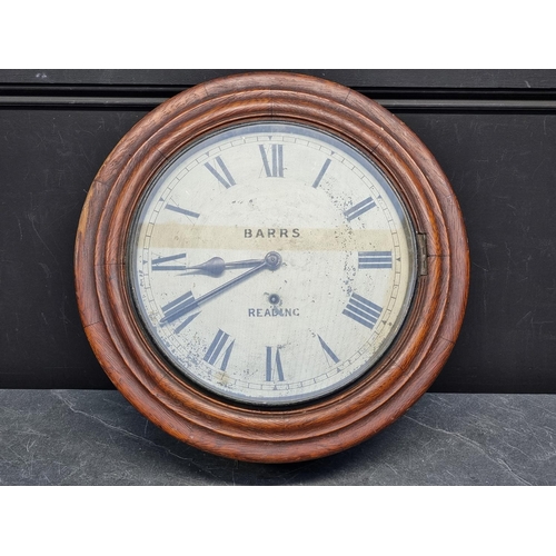 1095 - A Victorian oak wall clock, the 12in painted dial inscribed 'Barrs, Reading', with pendulum.... 