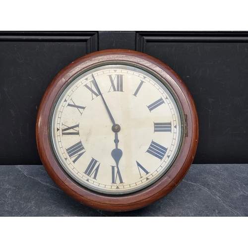 1096 - An early 20th century mahogany fusee wall clock, with 12in painted dial, with pendulum, (suspension ... 