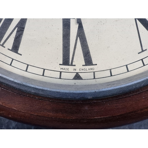 1096 - An early 20th century mahogany fusee wall clock, with 12in painted dial, with pendulum, (suspension ... 