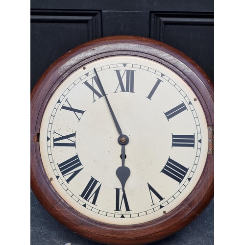 1096 - An early 20th century mahogany fusee wall clock, with 12in painted dial, with pendulum, (suspension ... 