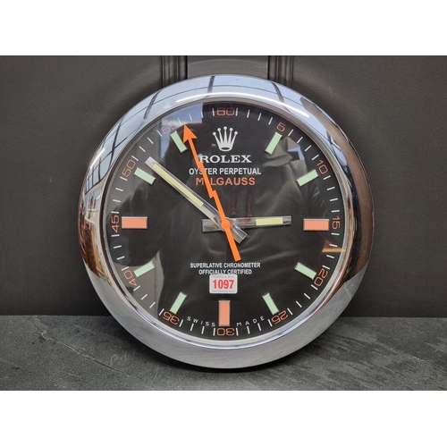 1097 - A Rolex style 'Milgauss' wall clock, with battery movement, 34cm diameter.