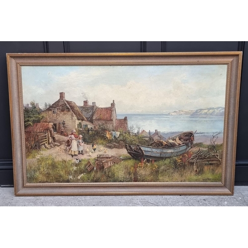 1105 - William Gilbert Foster, figures by a coastal cottage, possibly Yorkshire, signed and dated 1880, oil... 