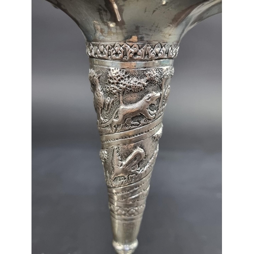 14 - A pair of early 20th century Indian white metal vases, 17cm high, weighted.