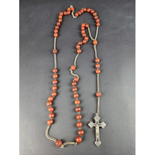 472 - A vintage French rosary bead necklace, with attached crucifix, 