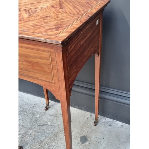 1036 - A late 19th century satinwood and line inlaid work table, stamped 'Maples', 42.5cm wide when closed.... 