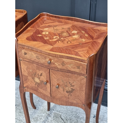 1048 - A pair of Louis XVI style mahogany and inlaid bedside tables, 38.5cm wide.