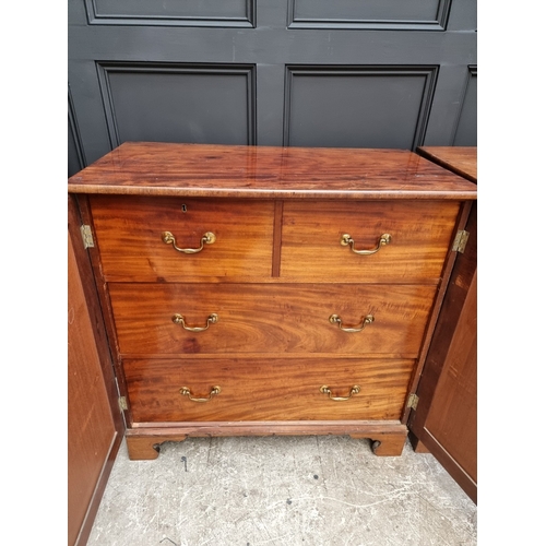 1049 - A pair of 19th century mahogany side cabinets, one enclosing drawers, the other shelves, 96cm wide.... 