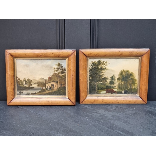 1190 - English School, 19th century, figures and cattle in a river landscape, a pair, inscribed on old labe... 
