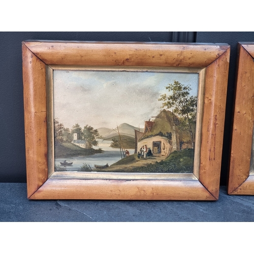1190 - English School, 19th century, figures and cattle in a river landscape, a pair, inscribed on old labe... 