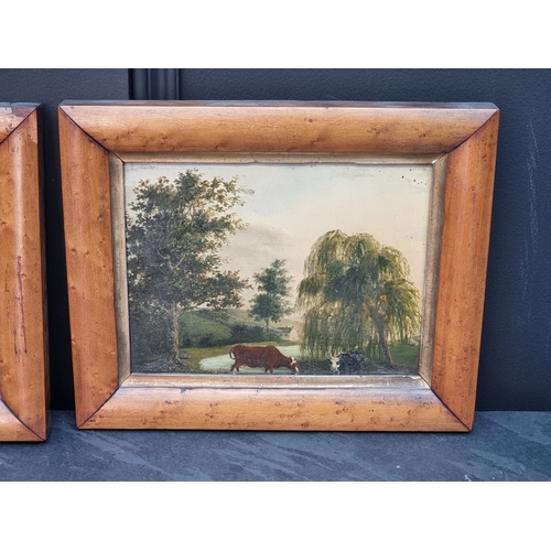 1190 - English School, 19th century, figures and cattle in a river landscape, a pair, inscribed on old labe... 