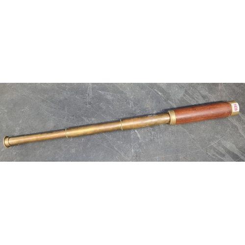 1439 - An old brass and teak three drawer telescope, inscribed 'Stanley & Co, London, No.9279', 81cm lo... 