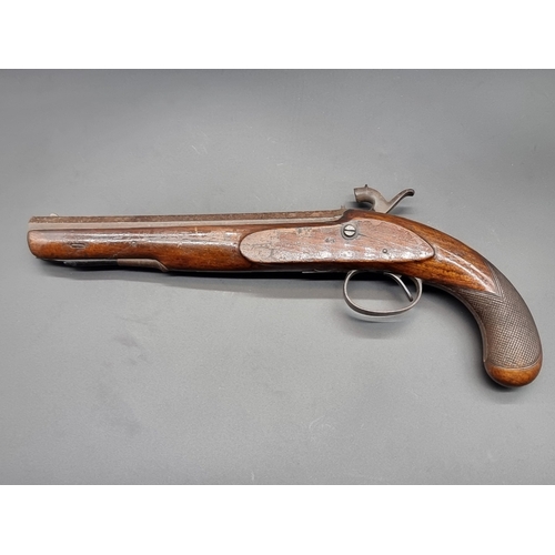 77 - A 19th century percussion pistol, (converted from flintlock), signed to lock plate and top of the oc... 