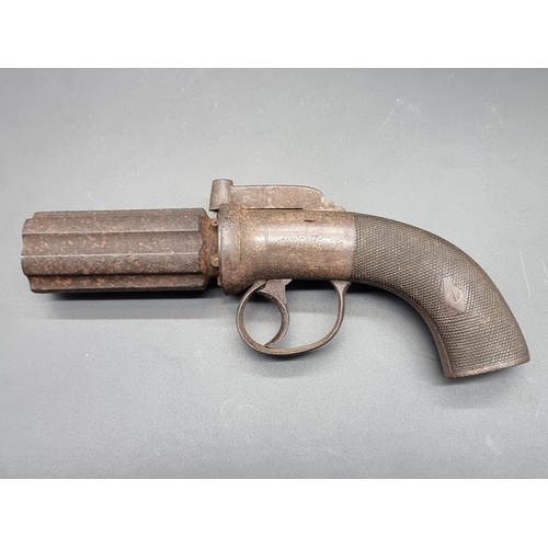 79 - A 19th century pepperbox six shot percussion pistol, having 7.5cm barrel, no visible makers marks.... 