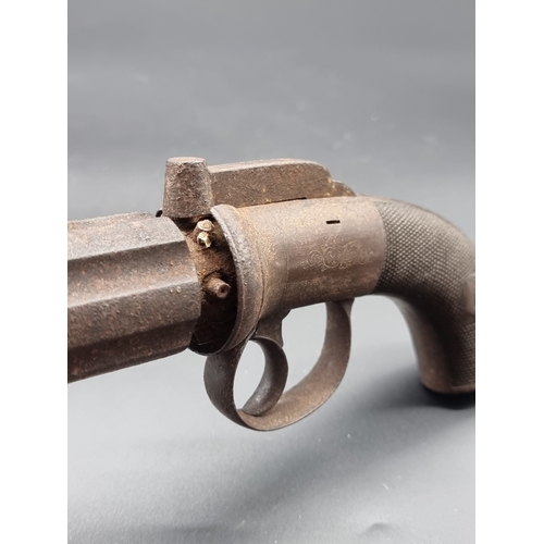 79 - A 19th century pepperbox six shot percussion pistol, having 7.5cm barrel, no visible makers marks.... 