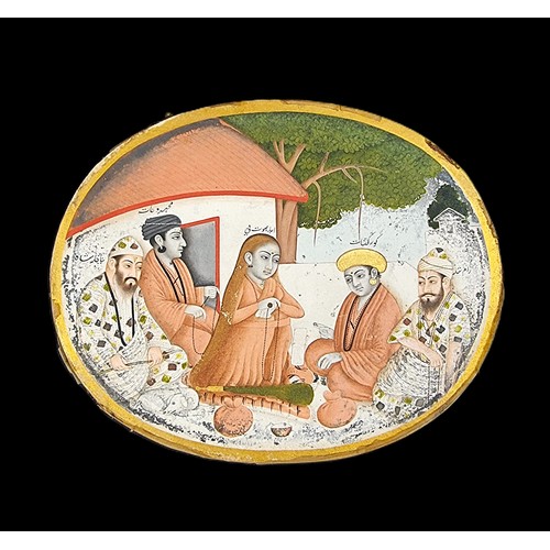 1417 - Indian School, figures in a garden, inscribed, watercolour, 7.9 x 10cm oval, unframed....