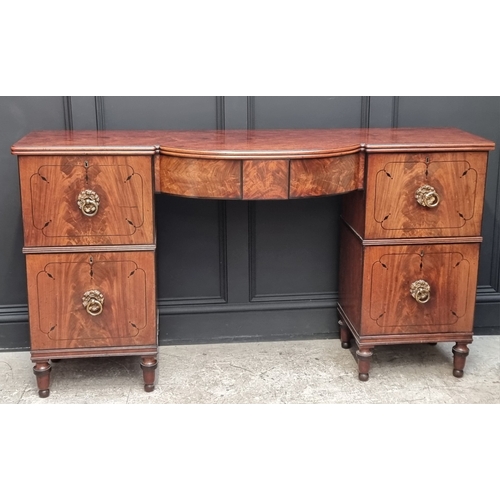 1064 - A Regency mahogany and ebony inlaid bowfront pedestal sideboard, 168cm wide x 50.5cm deep.... 