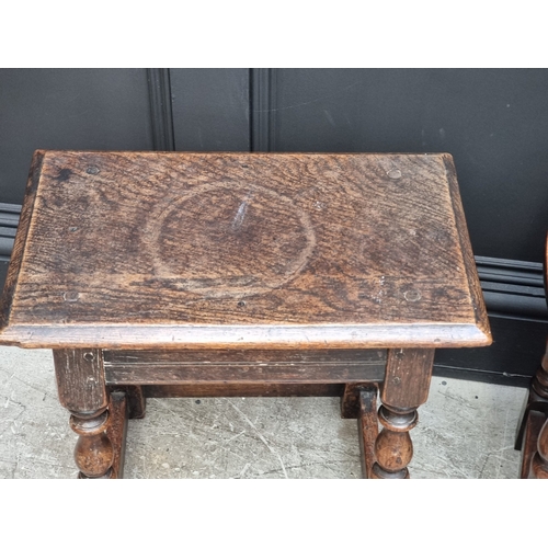 1058 - A reproduction oak joint stool, 45.5cm wide; together with a similar small drop leaf table, 49.5cm w... 