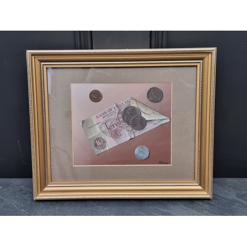 1198 - N Black, still life of a banknote and coins, signed, oil on board, 14 x 17cm.