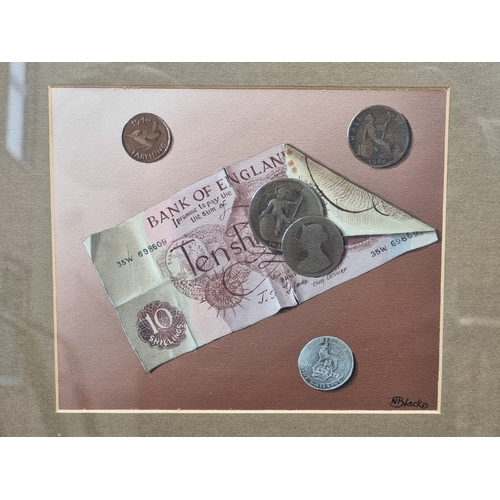 1198 - N Black, still life of a banknote and coins, signed, oil on board, 14 x 17cm.