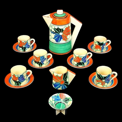 A rare Clarice Cliff 'Broth' coffee service, the pot and cover 18.5cm high.