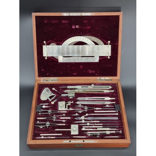 A good antique mahogany cased set of drawing instruments, the rule ...