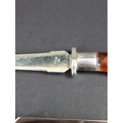 106 - A guilloche enamel letter opener, with silver collar, stamped '925' and London 1965 import mark, 17c... 