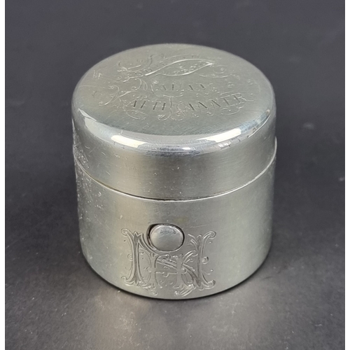 112 - A late 19th century silver mounted travelling inkwell, by C W, engraved to lid 'Souvenir from Madame... 