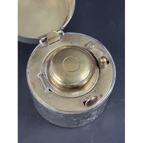 112 - A late 19th century silver mounted travelling inkwell, by C W, engraved to lid 'Souvenir from Madame... 