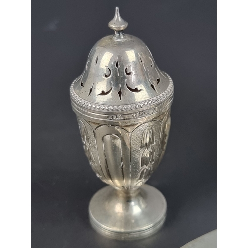 122 - A Victorian silver mounted cut glass salt bottle, by George Angell & Co, London 1855, 13cm high;... 