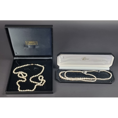 158 - A cultured pearl necklace, having clasp stamped '750', 80cm long; together with another synthetic pe... 