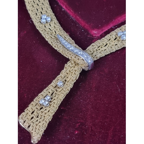 165 - A stylish 1960s Garrard & Co 18ct yellow and white gold diamond set filigree mesh necklace, with... 