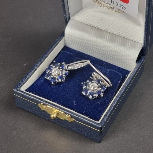 168 - A pair of sapphire and diamond cluster earrings, 12mm diameter.