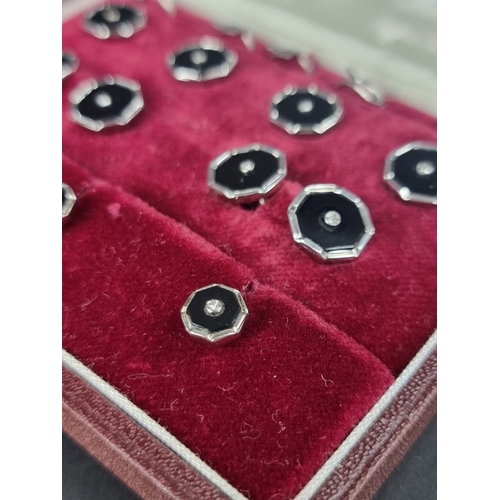 171 - A set of 9ct white gold onyx and diamond cufflinks, studs and matching buttons, by S J Rose & So... 