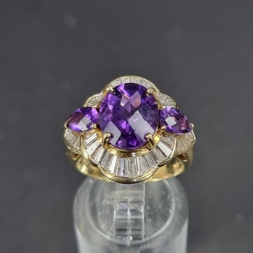 172 - An 18ct gold amethyst and baguette diamond cluster ring, size L 1/2, gross weight 7g.... 