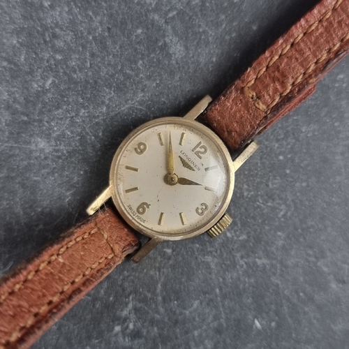 385 - A circa 1960 Longines 9ct gold manual wind ladies wristwatch, 17mm, on contemporary brown leather st... 