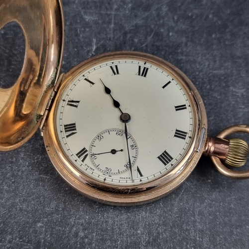 394 - A 9ct gold half hunter stem wind pocket watch, 50mm, having Swiss movement, London 1920, cased.... 