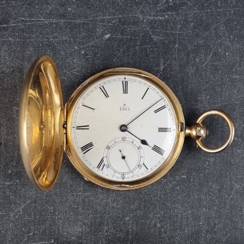 395 - A late 19th century 18ct gold hunter key wind pocket watch, 48mm, the enamel dial numbered 8/1265 an... 