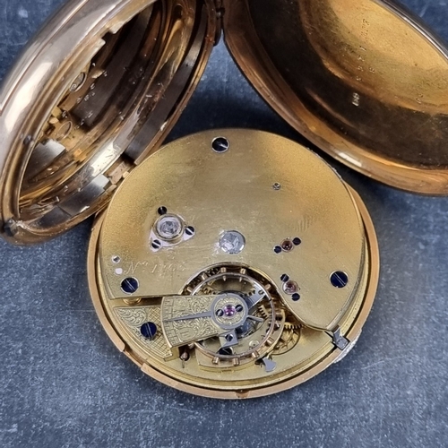 395 - A late 19th century 18ct gold hunter key wind pocket watch, 48mm, the enamel dial numbered 8/1265 an... 