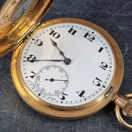 397 - An 18ct gold half hunter stem wind pocket watch, 49mm, the unsigned enamel dial having subsidiary se... 