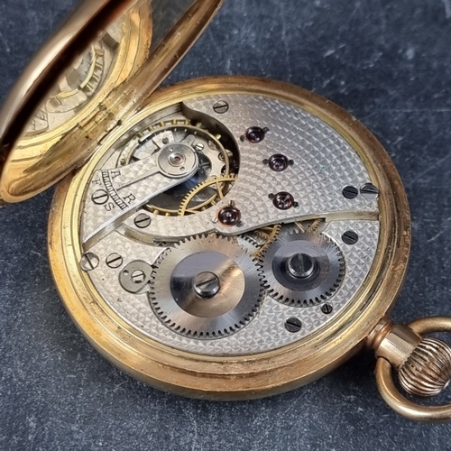 397 - An 18ct gold half hunter stem wind pocket watch, 49mm, the unsigned enamel dial having subsidiary se... 