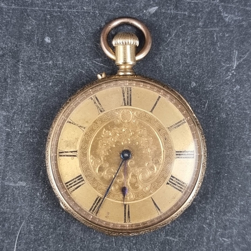 399 - A Victorian yellow metal stem wind fob watch, 40mm, stamped 'K18' and marked to dust cover 'John Ben... 