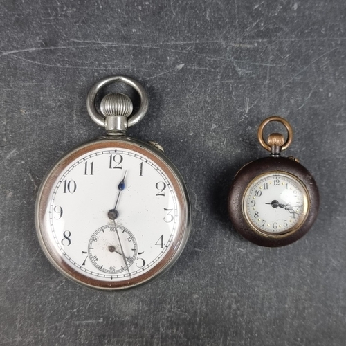 402 - A Swiss nickel plated stem wind pocket watch, 48mm, in J W Benson fitted case; together with a 19th ... 