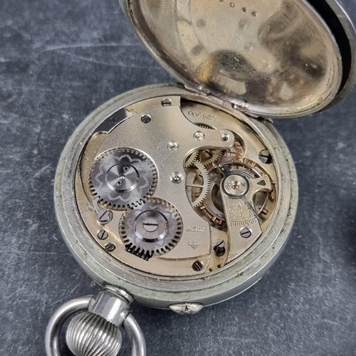 402 - A Swiss nickel plated stem wind pocket watch, 48mm, in J W Benson fitted case; together with a 19th ... 