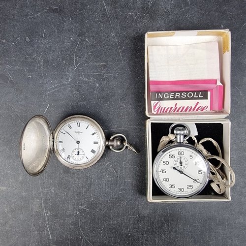 402 - A Swiss nickel plated stem wind pocket watch, 48mm, in J W Benson fitted case; together with a 19th ... 