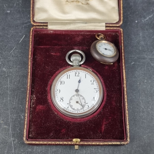 402 - A Swiss nickel plated stem wind pocket watch, 48mm, in J W Benson fitted case; together with a 19th ... 