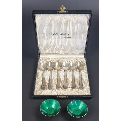 62 - A cased set of six Danish teaspoons, by Hans Hansen, stamped 830; together with a pair of green enam... 